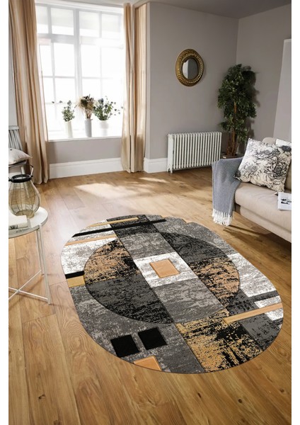 Dijital Kaymaz Yıkanabilir Modern Desen Oval Yolluk Mutfak Salon Halısı, N-O-Modern-33-Gold, modelleri