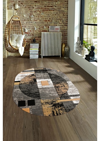 Dijital Kaymaz Yıkanabilir Modern Desen Oval Yolluk Mutfak Salon Halısı, N-O-Modern-33-Gold, fırsatları
