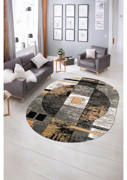 Dijital Kaymaz Yıkanabilir Modern Desen Oval Yolluk Mutfak Salon Halısı, N-O-Modern-33-Gold, indirimleri