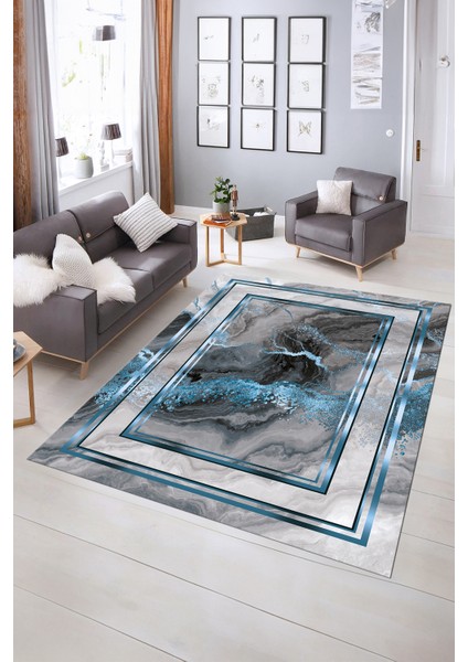 Dijital Baskılı Kaymaz Yıkanabilir Modern Desen Yolluk Mutfak Salon Halısı, N-Modern-46-Mavi, indirimleri