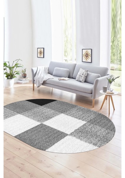 Dijital Kaymaz Yıkanabilir Modern Desen Oval Yolluk Mutfak Salon Halısı, N-O-Modern-53-Gri,