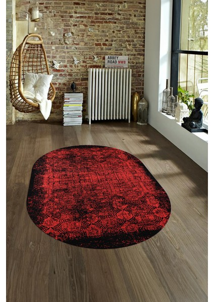 Dijital Kaymaz Yıkanabilir Modern Desen Oval Yolluk Mutfak Salon Halısı, N-O-Modern-04-Kırmızı, fırsatları