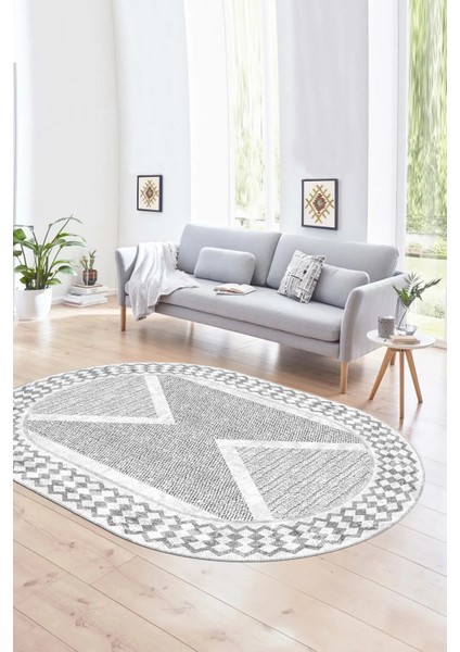 Dijital Kaymaz Yıkanabilir Modern Desen Oval Yolluk Mutfak Salon Halısı, N-O-Modern-07-Gri,