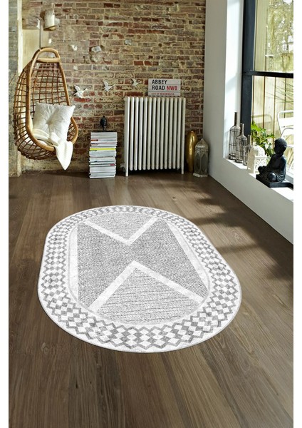 Dijital Kaymaz Yıkanabilir Modern Desen Oval Yolluk Mutfak Salon Halısı, N-O-Modern-07-Gri, fırsatları