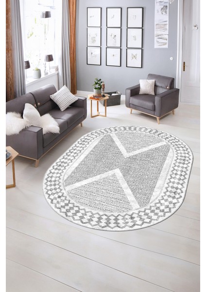 Dijital Kaymaz Yıkanabilir Modern Desen Oval Yolluk Mutfak Salon Halısı, N-O-Modern-07-Gri, indirimleri