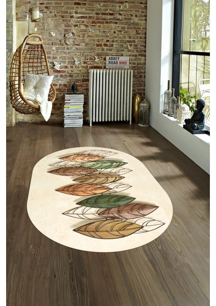 Dijital Kaymaz Yıkanabilir Modern Desen Oval Yolluk Mutfak Salon Halısı, N-O-Modern-08-Krem, fırsatları