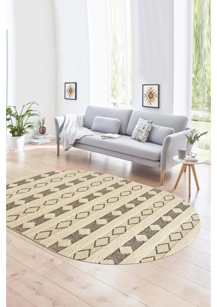 Dijital Kaymaz Yıkanabilir Modern Desen Oval Yolluk Mutfak Salon Halısı, N-O-Modern-64-Kahve,