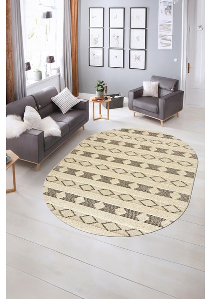 Dijital Kaymaz Yıkanabilir Modern Desen Oval Yolluk Mutfak Salon Halısı, N-O-Modern-64-Kahve, indirimleri
