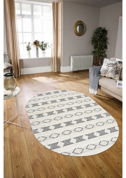 Dijital Kaymaz Yıkanabilir Modern Desen Oval Yolluk Mutfak Salon Halısı, N-O-Modern-64-Krem, modelleri