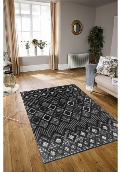 Dijital Baskılı Kaymaz Yıkanabilir Modern Desen Yolluk Mutfak Salon Halısı, N-Modern-67-Antrasit,