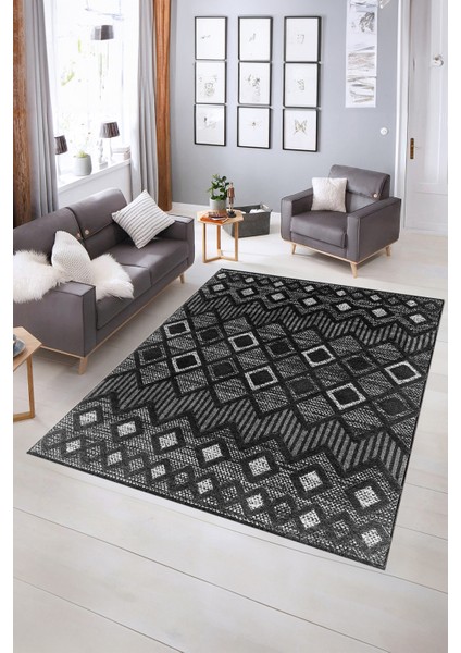 Dijital Baskılı Kaymaz Yıkanabilir Modern Desen Yolluk Mutfak Salon Halısı, N-Modern-67-Antrasit,