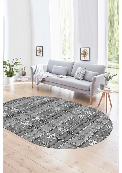Dijital Kaymaz Yıkanabilir Modern Desen Oval Yolluk Mutfak Salon Halısı, N-O-Modern-19-Gri,
