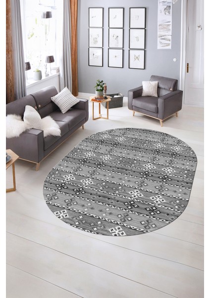 Dijital Kaymaz Yıkanabilir Modern Desen Oval Yolluk Mutfak Salon Halısı, N-O-Modern-19-Gri, indirimleri