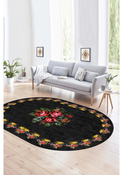 Dijital Kaymaz Yıkanabilir Modern Desen Oval Yolluk Mutfak Salon Halısı, N-O-Modern-20-Antrasit,