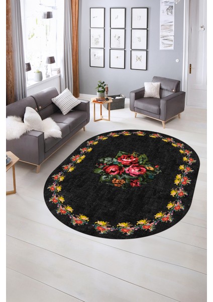 Dijital Kaymaz Yıkanabilir Modern Desen Oval Yolluk Mutfak Salon Halısı, N-O-Modern-20-Antrasit, indirimleri
