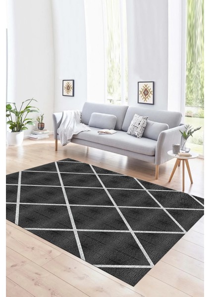 Dijital Baskılı Kaymaz Yıkanabilir Modern Desen Yolluk Mutfak Salon Halısı, N-MODERN-116-ANTRASİT,