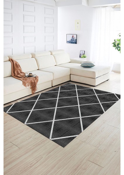 Dijital Baskılı Kaymaz Yıkanabilir Modern Desen Yolluk Mutfak Salon Halısı, N-MODERN-116-ANTRASİT,