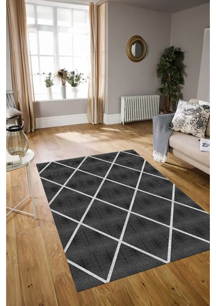 Dijital Baskılı Kaymaz Yıkanabilir Modern Desen Yolluk Mutfak Salon Halısı, N-MODERN-116-ANTRASİT,