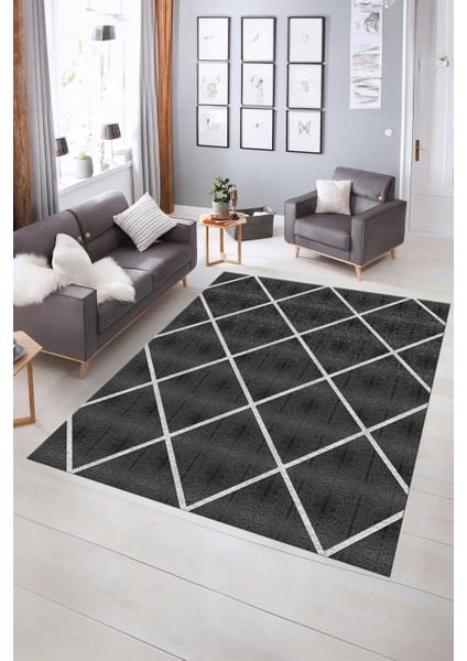 Dijital Baskılı Kaymaz Yıkanabilir Modern Desen Yolluk Mutfak Salon Halısı, N-MODERN-116-ANTRASİT,