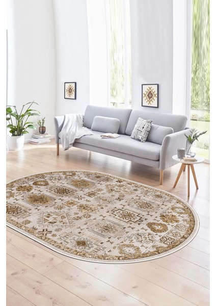 Dijital Kaymaz Yıkanabilir Modern Desen Oval Yolluk Mutfak Salon Halısı, N-O-Modern-29-Kahve,