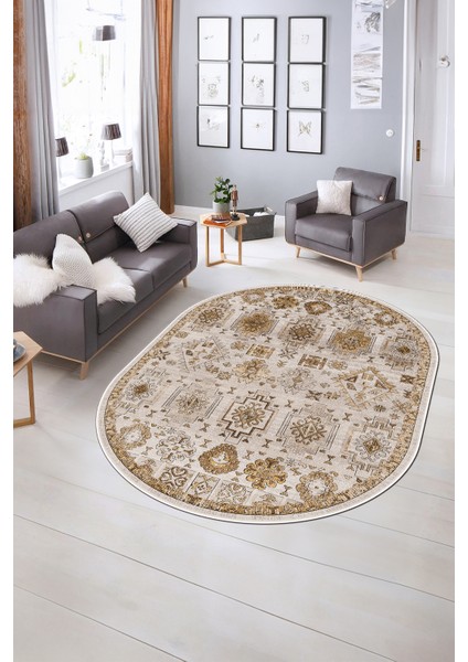 Dijital Kaymaz Yıkanabilir Modern Desen Oval Yolluk Mutfak Salon Halısı, N-O-Modern-29-Kahve, indirimleri