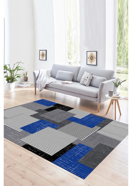 Dijital Baskılı Kaymaz Yıkanabilir Modern Desen Yolluk Mutfak Salon Halısı, N-Modern-47-Mavi,