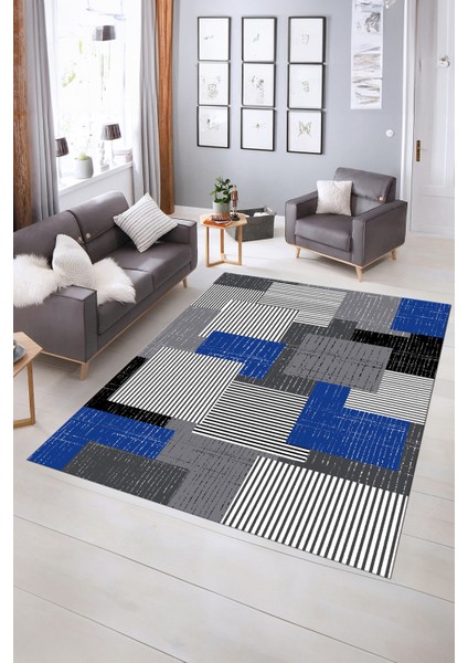 Dijital Baskılı Kaymaz Yıkanabilir Modern Desen Yolluk Mutfak Salon Halısı, N-Modern-47-Mavi, indirimleri