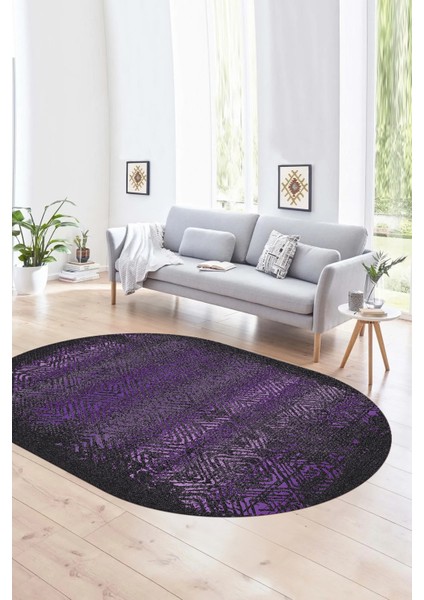 Dijital Kaymaz Yıkanabilir Modern Desen Oval Yolluk Mutfak Salon Halısı, N-O-Modern-28-Mor,