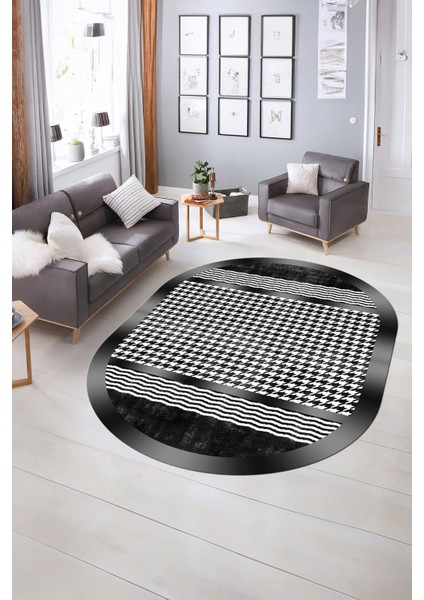 Dijital Kaymaz Yıkanabilir Modern Desen Oval Yolluk Mutfak Salon Halısı, N-O-Modern-10-Antrasit, indirimleri