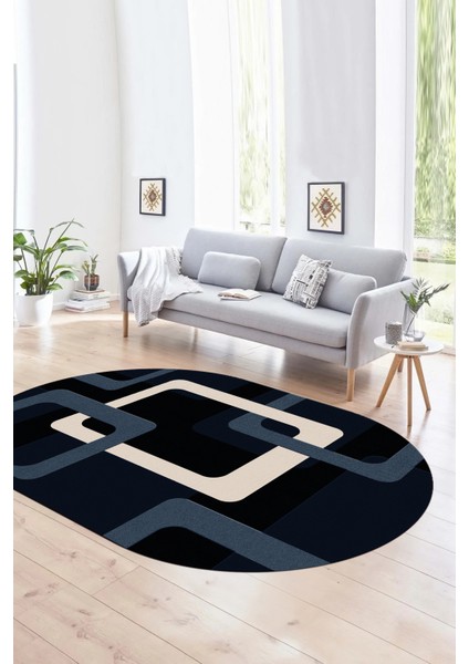 Dijital Kaymaz Yıkanabilir Modern Desen Oval Yolluk Mutfak Salon Halısı, N-O-Modern-40-Lacivert,