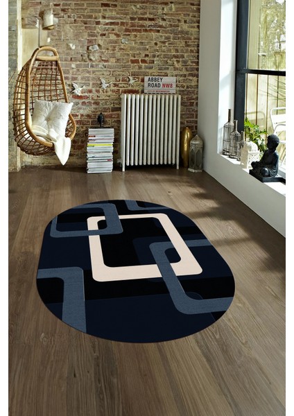 Dijital Kaymaz Yıkanabilir Modern Desen Oval Yolluk Mutfak Salon Halısı, N-O-Modern-40-Lacivert, fırsatları