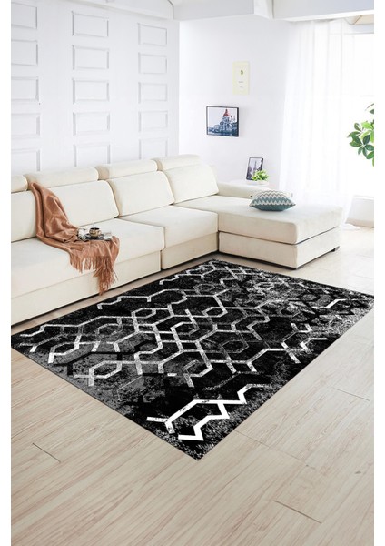 Dijital Baskılı Kaymaz Yıkanabilir Modern Desen Yolluk Mutfak Salon Halısı, N-Modern-03-Antrasit,