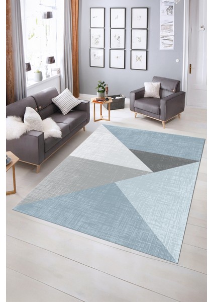 Dijital Baskılı Kaymaz Yıkanabilir Modern Desen Yolluk Mutfak Salon Halısı, N-Modern-38-Mavi,