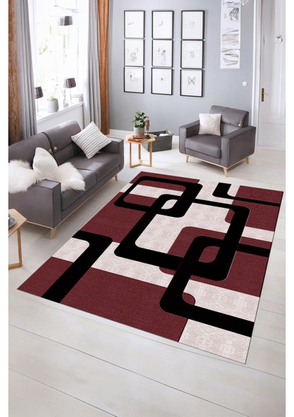 Dijital Baskılı Kaymaz Yıkanabilir Modern Desen Yolluk Mutfak Salon Halısı, N-Modern-40-Bordo, indirimleri