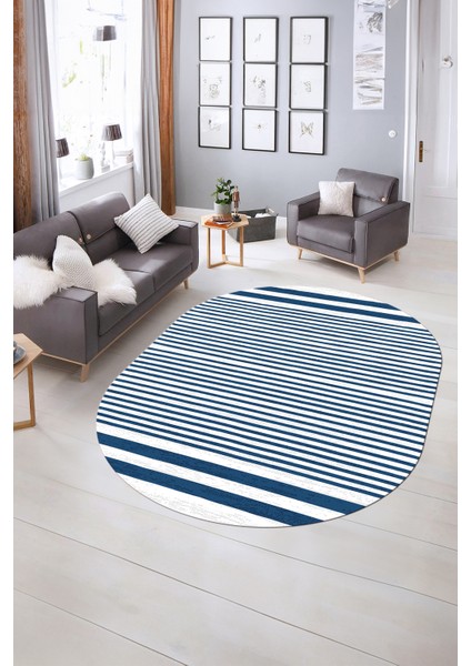 Dijital Kaymaz Yıkanabilir Modern Desen Oval Yolluk Mutfak Salon Halısı, N-O-Modern-63-Mavi, indirimleri