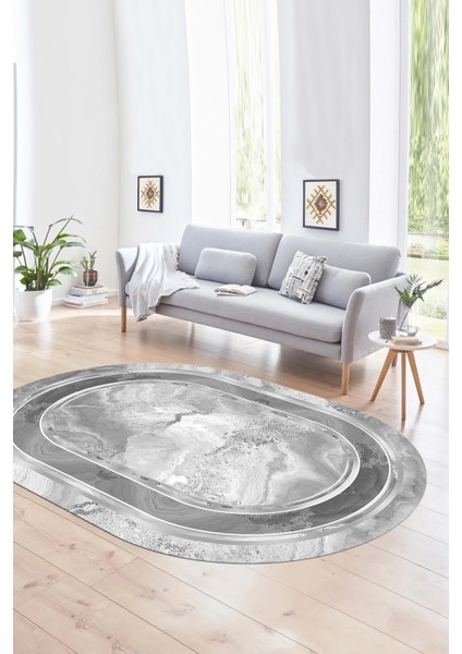 Dijital Kaymaz Yıkanabilir Modern Desen Oval Yolluk Mutfak Salon Halısı, N-O-Modern-46-Gümüş,