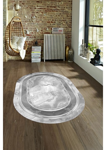 Dijital Kaymaz Yıkanabilir Modern Desen Oval Yolluk Mutfak Salon Halısı, N-O-Modern-46-Gümüş, fırsatları