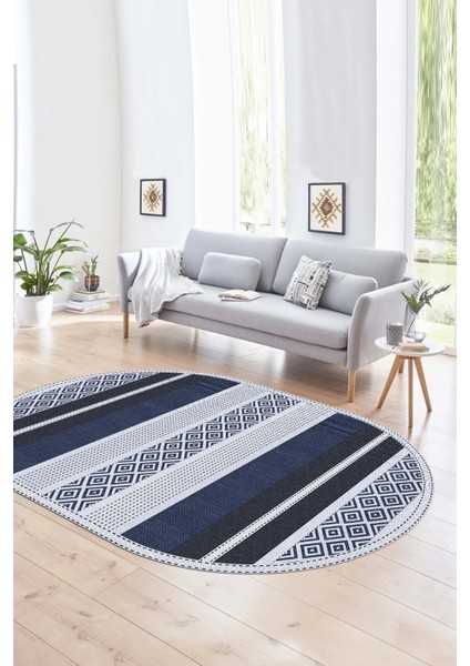 Dijital Kaymaz Yıkanabilir Modern Desen Oval Yolluk Mutfak Salon Halısı, N-O-Modern-18-Lacivert,