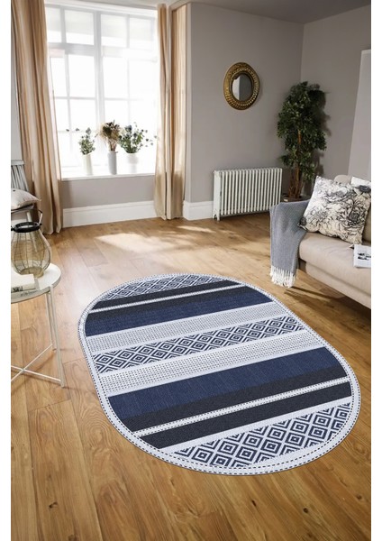 Dijital Kaymaz Yıkanabilir Modern Desen Oval Yolluk Mutfak Salon Halısı, N-O-Modern-18-Lacivert, modelleri