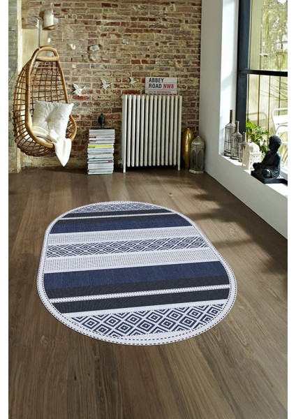 Dijital Kaymaz Yıkanabilir Modern Desen Oval Yolluk Mutfak Salon Halısı, N-O-Modern-18-Lacivert, fırsatları