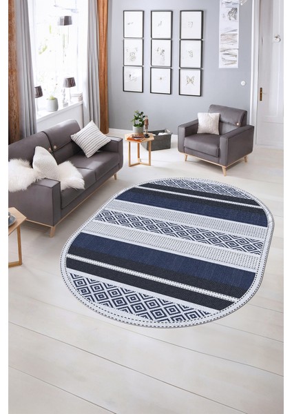 Dijital Kaymaz Yıkanabilir Modern Desen Oval Yolluk Mutfak Salon Halısı, N-O-Modern-18-Lacivert, indirimleri
