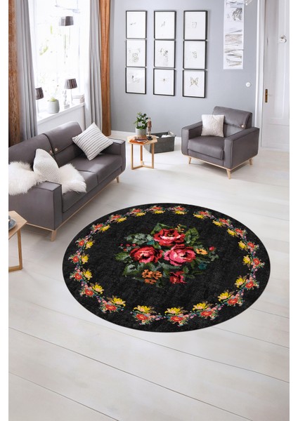 Dijital Kaymaz Taban Yıkanabilir Modern Desen Yuvarlak Mutfak Salon Halısı, N-Y-Modern-20-Antrasit, indirimleri