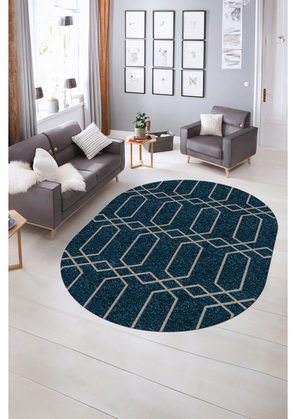 Dijital Kaymaz Yıkanabilir Modern Desen Oval Yolluk Mutfak Salon Halısı, N-O-Modern-88-Mavi,