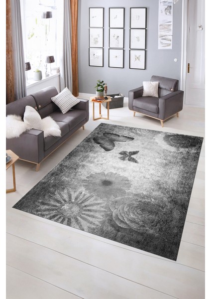 Dijital Baskılı Kaymaz Yıkanabilir Modern Desen Yolluk Mutfak Salon Halısı, N-MODERN-109-GRİ,