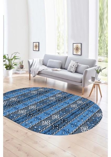 Dijital Kaymaz Yıkanabilir Modern Desen Oval Yolluk Mutfak Salon Halısı, N-O-Modern-19-Mavi,