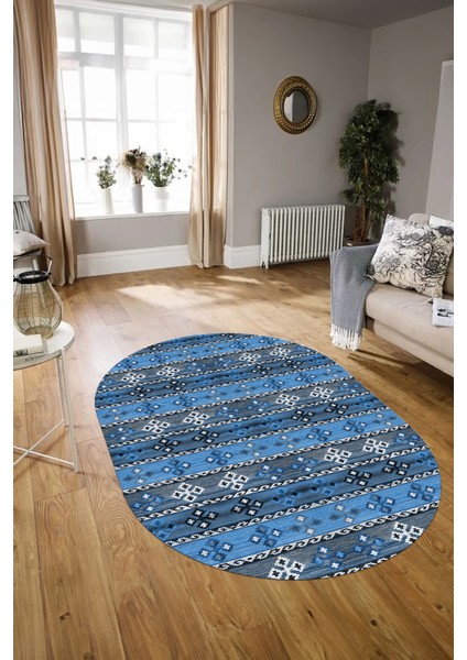 Dijital Kaymaz Yıkanabilir Modern Desen Oval Yolluk Mutfak Salon Halısı, N-O-Modern-19-Mavi, modelleri