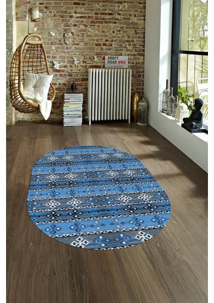 Dijital Kaymaz Yıkanabilir Modern Desen Oval Yolluk Mutfak Salon Halısı, N-O-Modern-19-Mavi, fırsatları