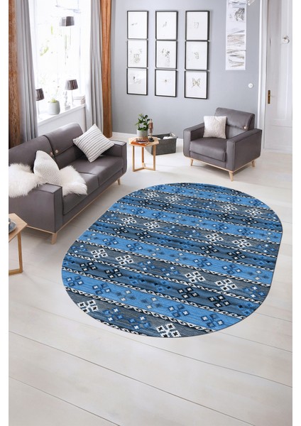 Dijital Kaymaz Yıkanabilir Modern Desen Oval Yolluk Mutfak Salon Halısı, N-O-Modern-19-Mavi, indirimleri