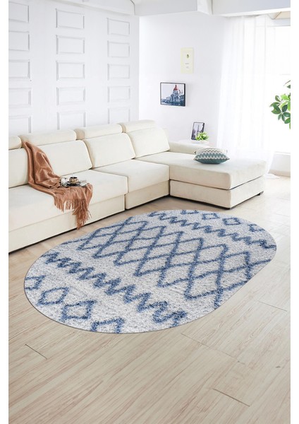 Dijital Kaymaz Yıkanabilir Modern Desen Oval Yolluk Mutfak Salon Halısı, N-O-Modern-92-Mavi,