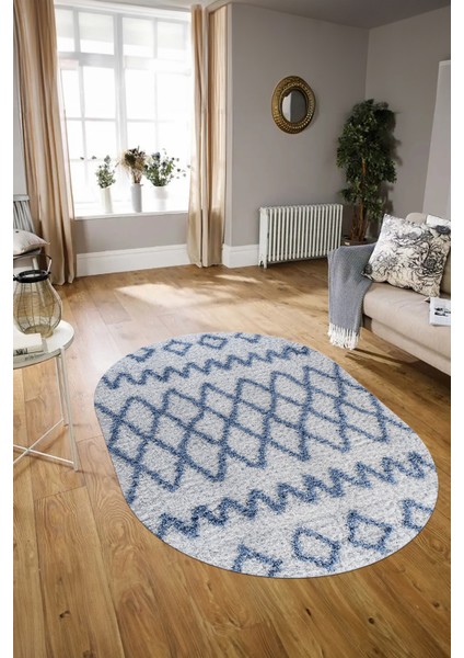 Dijital Kaymaz Yıkanabilir Modern Desen Oval Yolluk Mutfak Salon Halısı, N-O-Modern-92-Mavi,